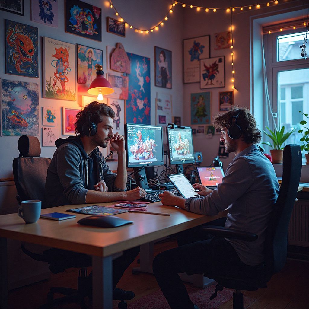 Our game design team collaborating in the colorful Genova studio